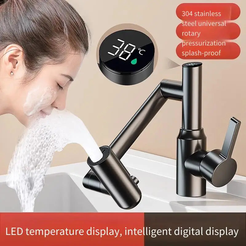 Stainless Steel Faucet Washbasin Bathroom Multi-functional Robotic Arm Universal Rotation for Hot and Cold Water Digital Display