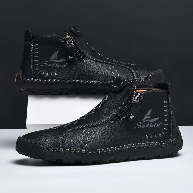 Handmade Leather Casual Shoes For Men Sneakers Men Flat Footwear Zipper Leather Boots Men Ankle Plus Size 39-48