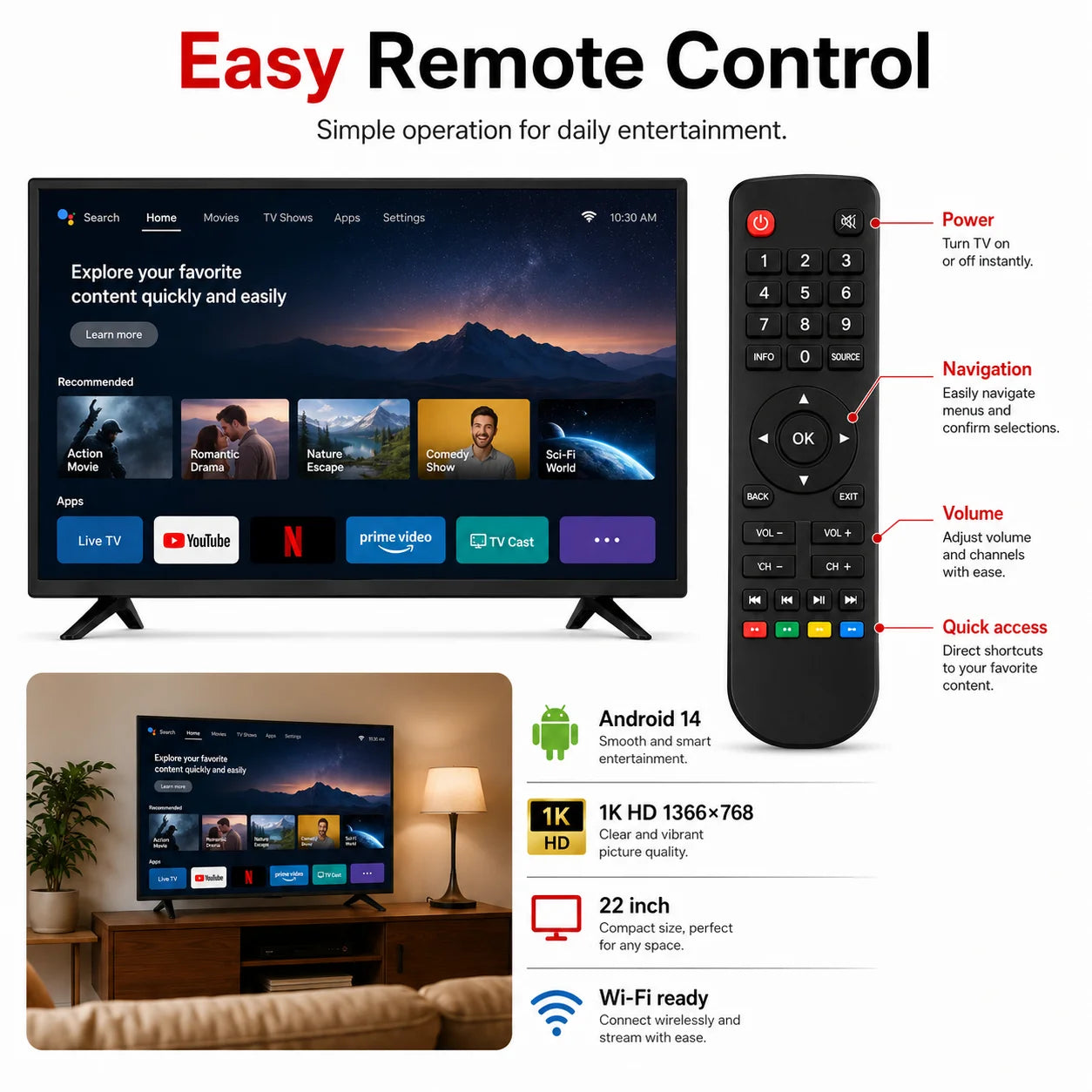 22 Inch Smart TV Android LED Television HD WiFi Bluetooth HDMI USB Flat Screen TV for Bedroom Kitchen RV Home