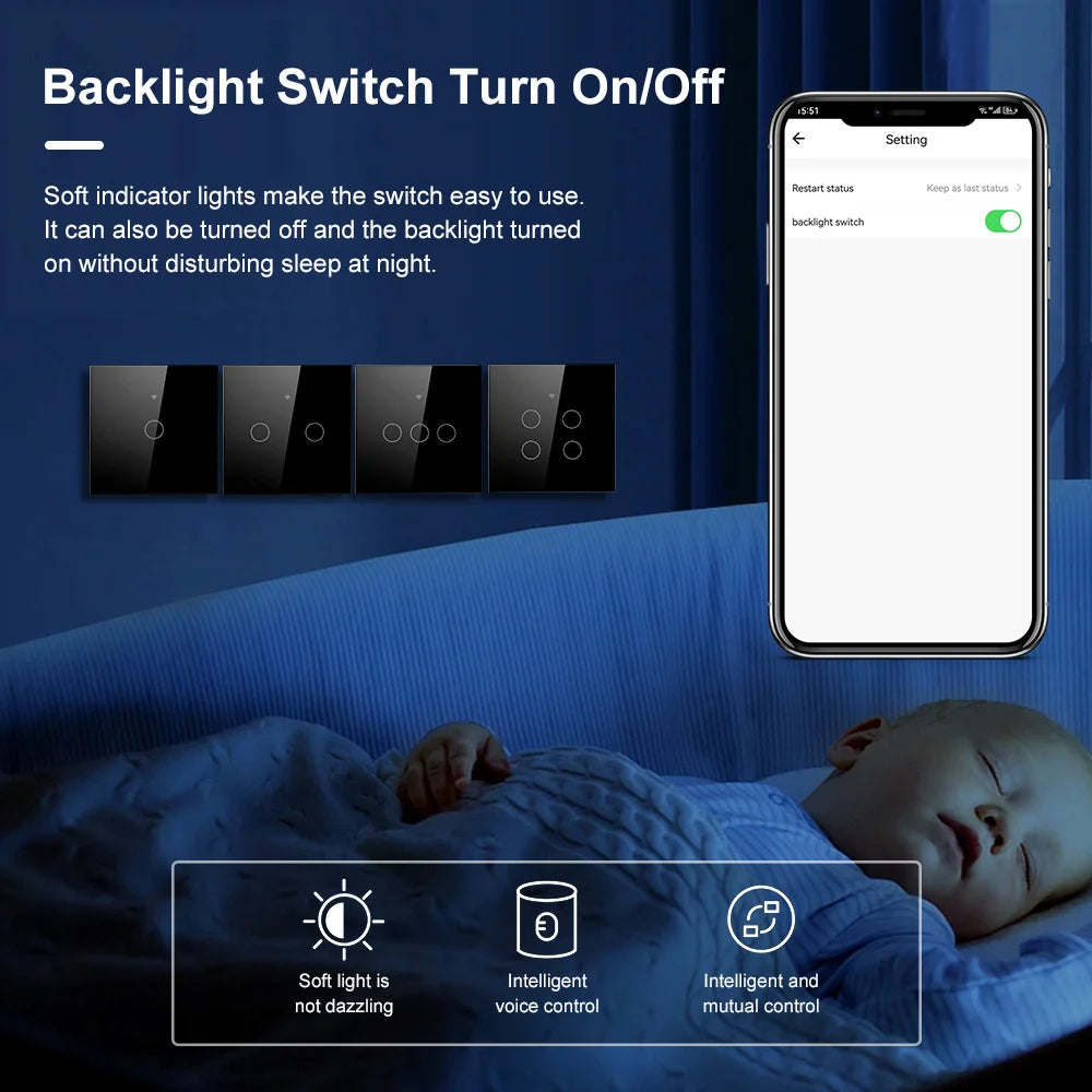Smart EU Touch Sensor Switch Switches LED Crystal Glass Panel Wall Lamp Light Switch 1/2/3/4Gang No Neutral Wire APP Control