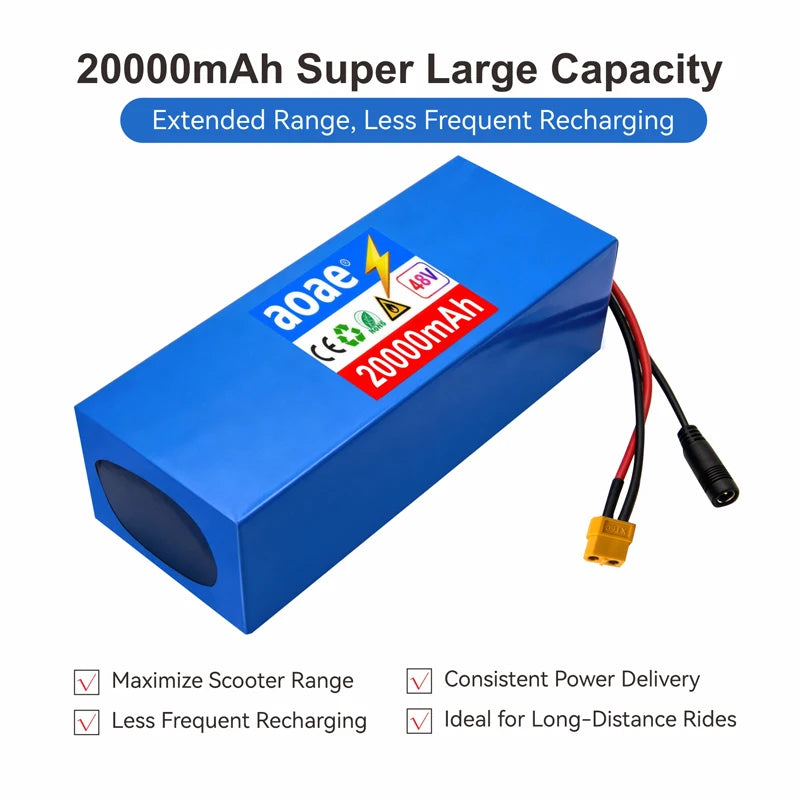 48V Electric Scooter Battery 13S5P 20Ah 18650 Grade-A Cells 2000W Built-in BMS XT60 JST High Capacity Long Range Safe & Durable