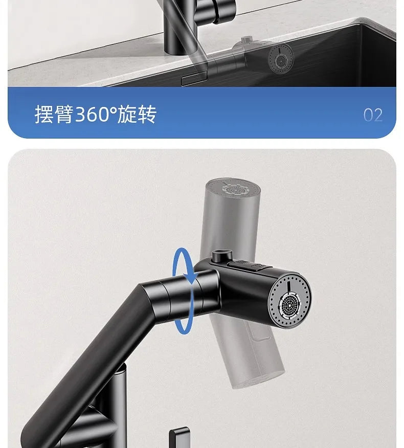 Stainless Steel Faucet Washbasin Bathroom Multi-functional Robotic Arm Universal Rotation for Hot and Cold Water Digital Display