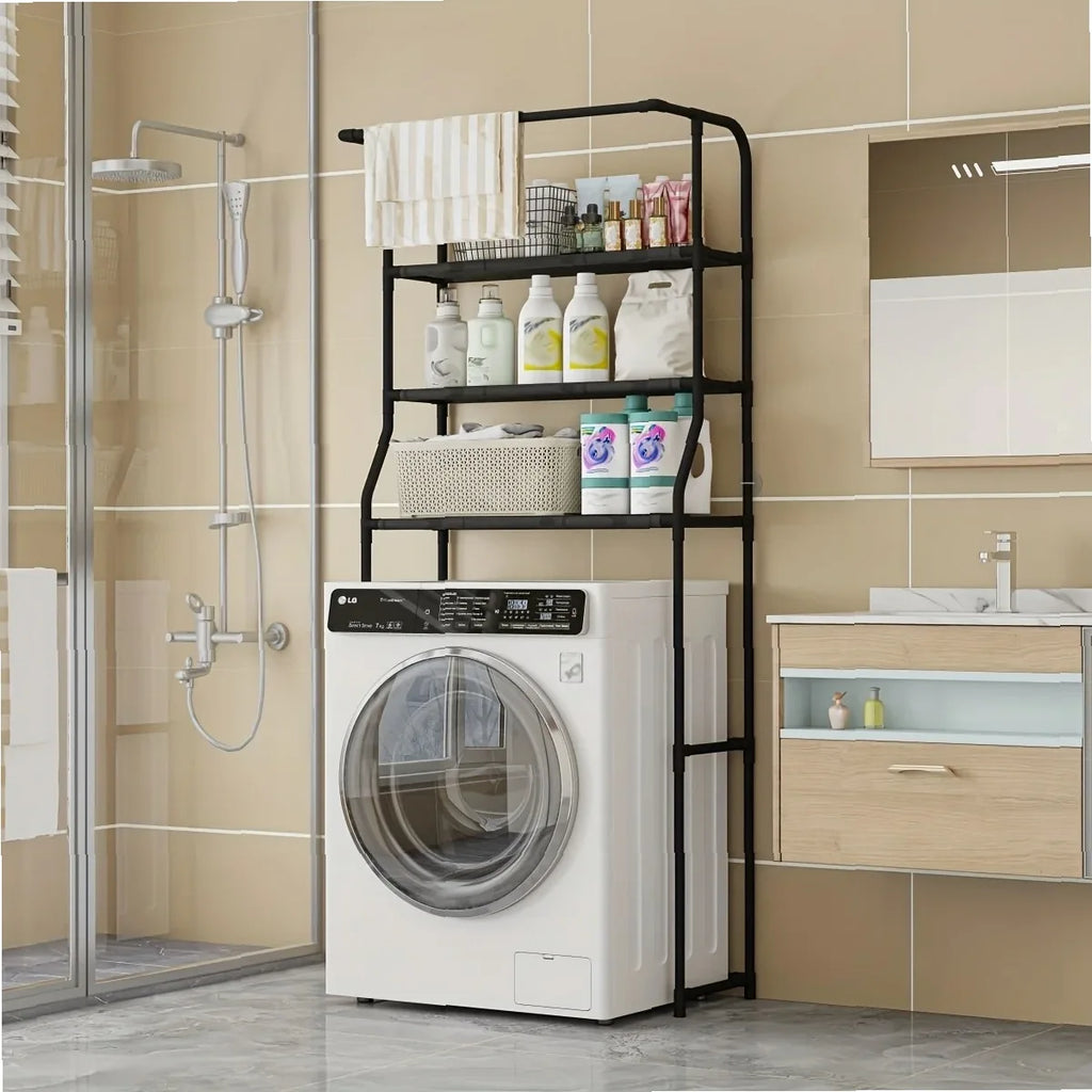 Multi-Layer Metal Storage Rack for Bathroom & Balcony, Washing Machine Shelf with Toilet Paper Holder, Space-Saving Organizer