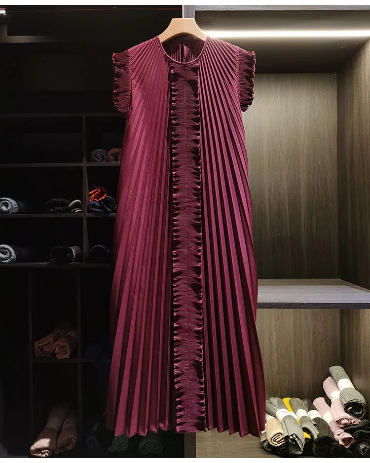 Miyake Pleated Solid Color Dresses High-End 2026 Ruffled Handmade Pleats Solid Color Fold Dress Summer Elegant Sleeveless Dress