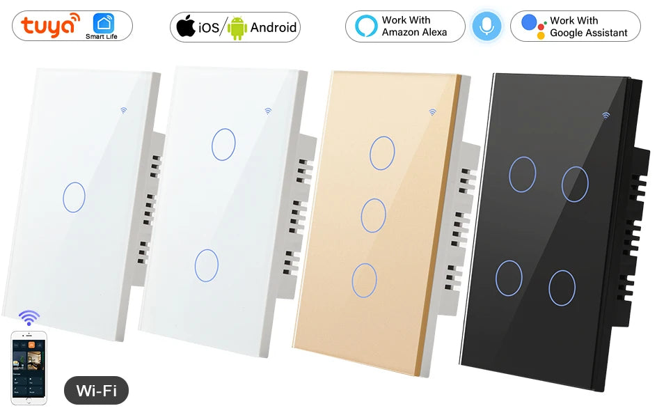 2 3 4 Gang 2 3 Way US Tuya Smart Wall Touch Light Switch for LED with No Neutral WiFi Glass Australia Brazil Android RoHS Alexa