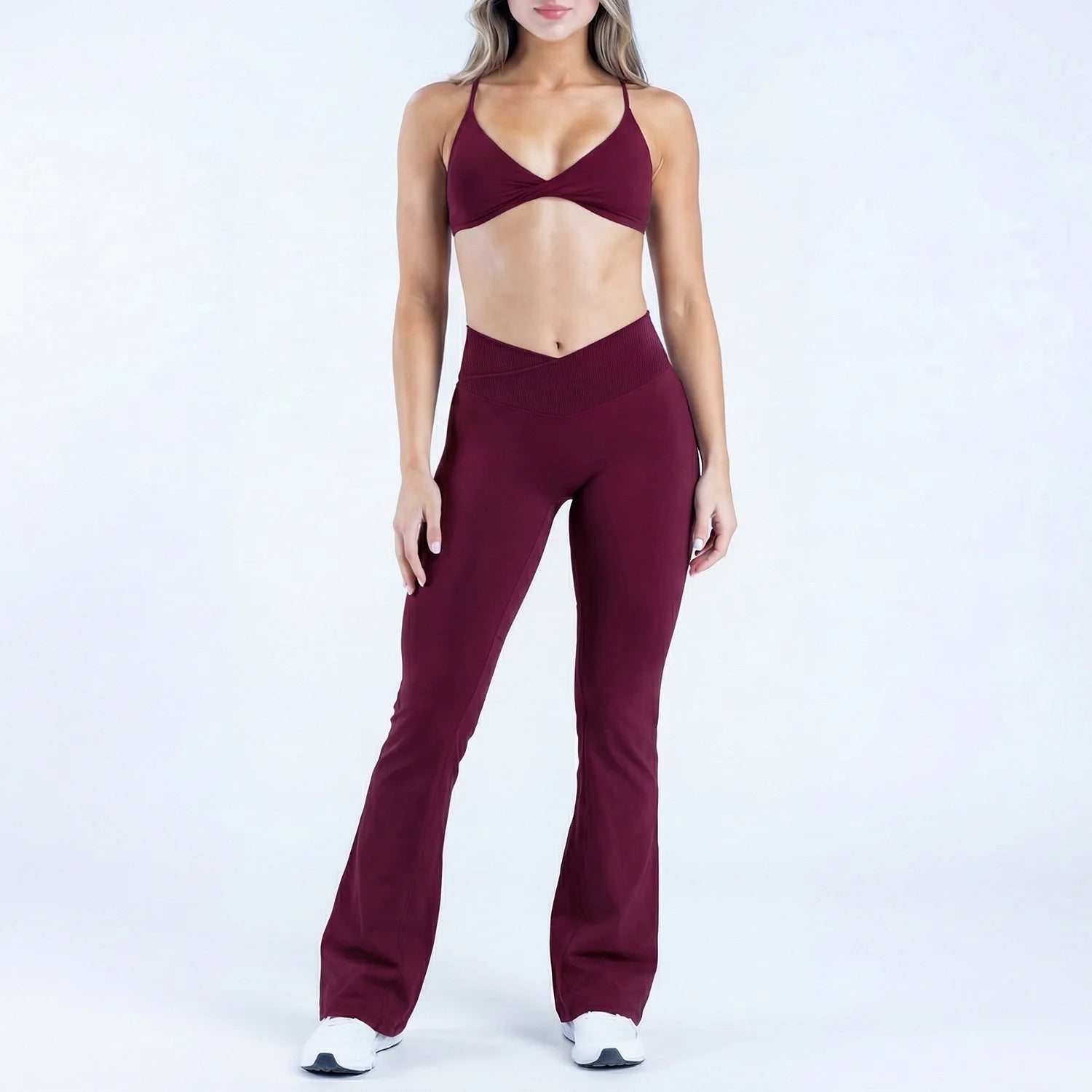 LOG0 Women Yoga Set Twist Front Sports Bra V Waist Flare Pants Seamless Gym Workout Fitness Activewear Sportswear 2 Piece Set