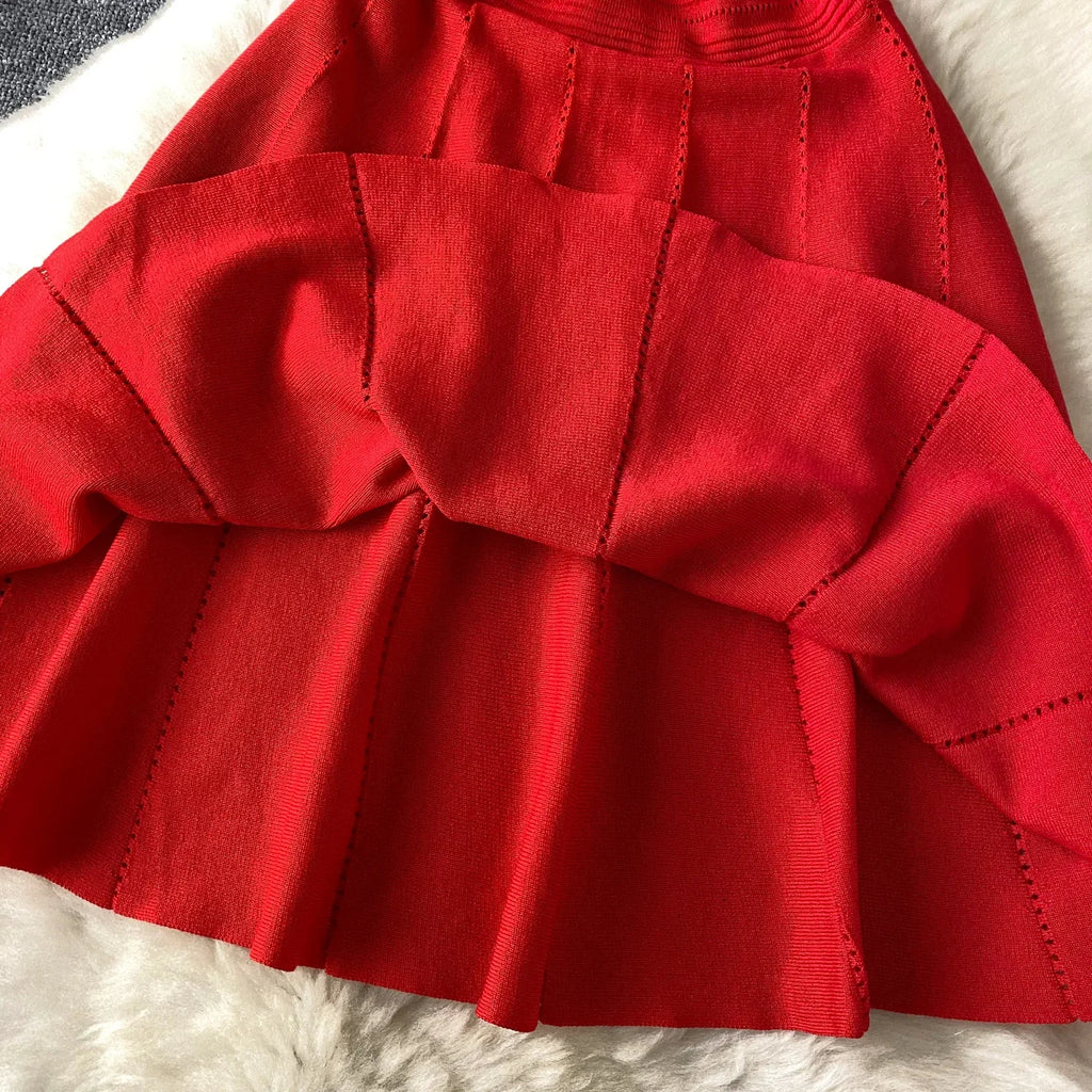 Red Senior Solid Knitting Dress Ladies O-Neck Short Sleeve Hollow Out Design Elastic Knitted Fashion Basic A-Line Dress