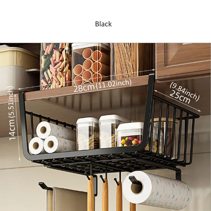 Kitchen Under Cabinet Basket Organizer Storage Hanger Cup Holder Closet Desk Hanging Rack for Kitchen Paper Towel with 4 hooks