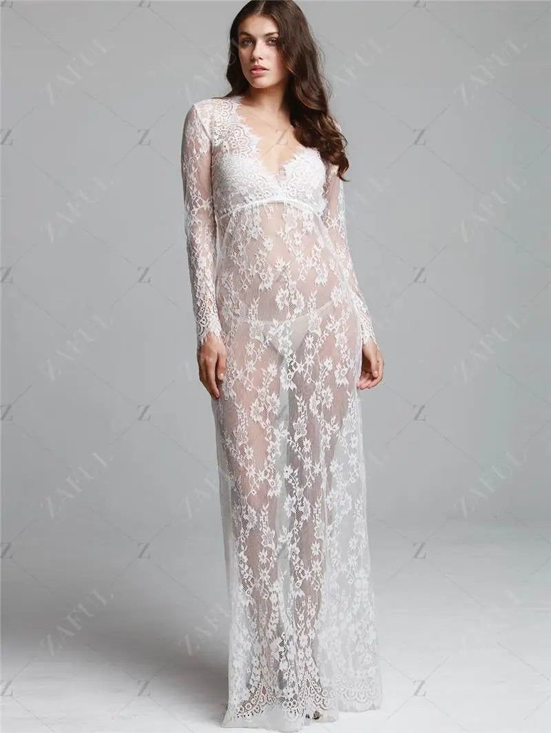 Fashionable Sexy Deep Collar Long Sleeve Lace See-through Bodycon Gown Trendy Women's Dress Elegant Draped Evening Dress