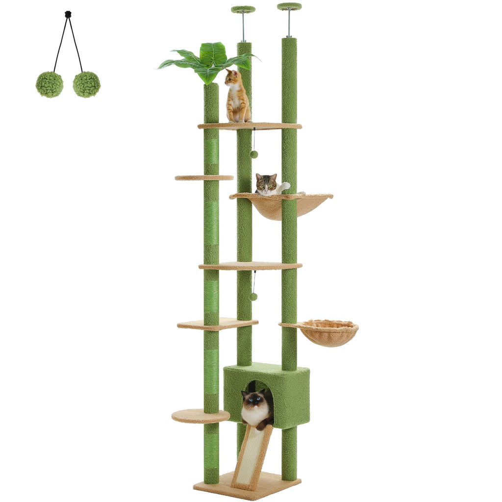 Height Adjustable Wooden Cat Tree with Large Hammock Sisal Scratching Posts Floor to Ceiling Cat Tower Cozy Cat Condo for Indoor