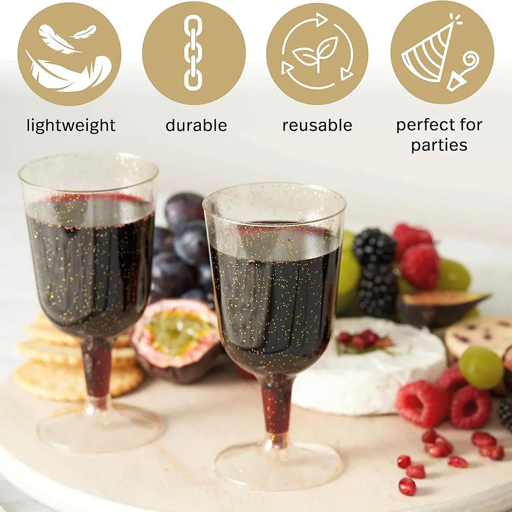6oz Plastic Wine Glasses, Gold Glitter Wine Glasses, Plastic Wine Cups Reusable Plastic Goblets for Cocktail Parties,Weddings