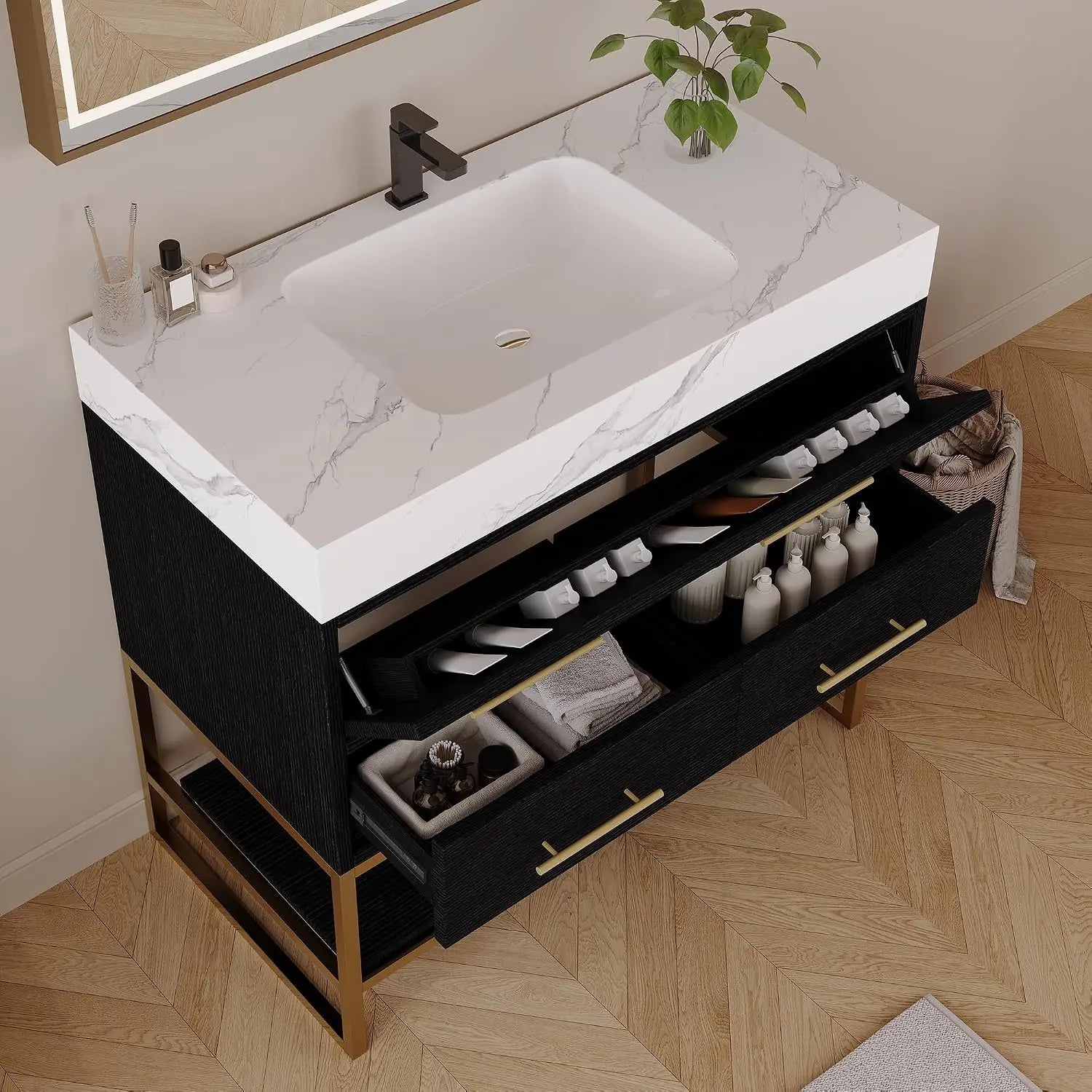 36" Bathroom Vanity with Sintered Stone Countertop – 1 Flip-Up Drawer + 2 Soft-Close Drawers + Open Shelf, Multi-Layer, Custom