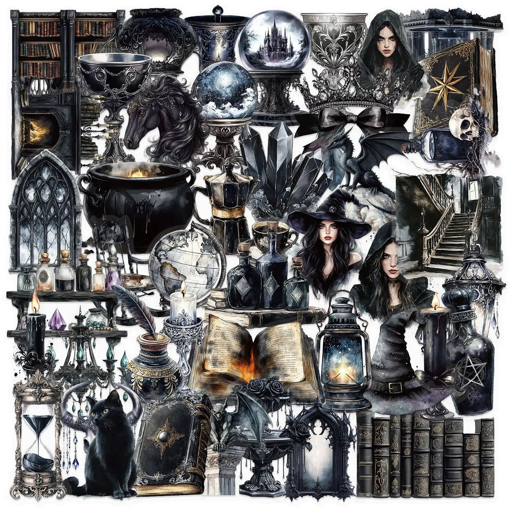 50Pcs Vintage Gothic Magic Stickers for Notebooks, Drinking Glasses, Guitars, Skateboards, Phones, Tablets