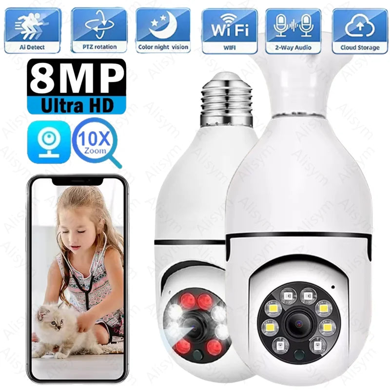 WiFi Security Camera E27 Bulb 8MP Wireless Baby Monitor AI Tracking Video Surveillance Pet Cameras Color Night Vision Indoor Cam