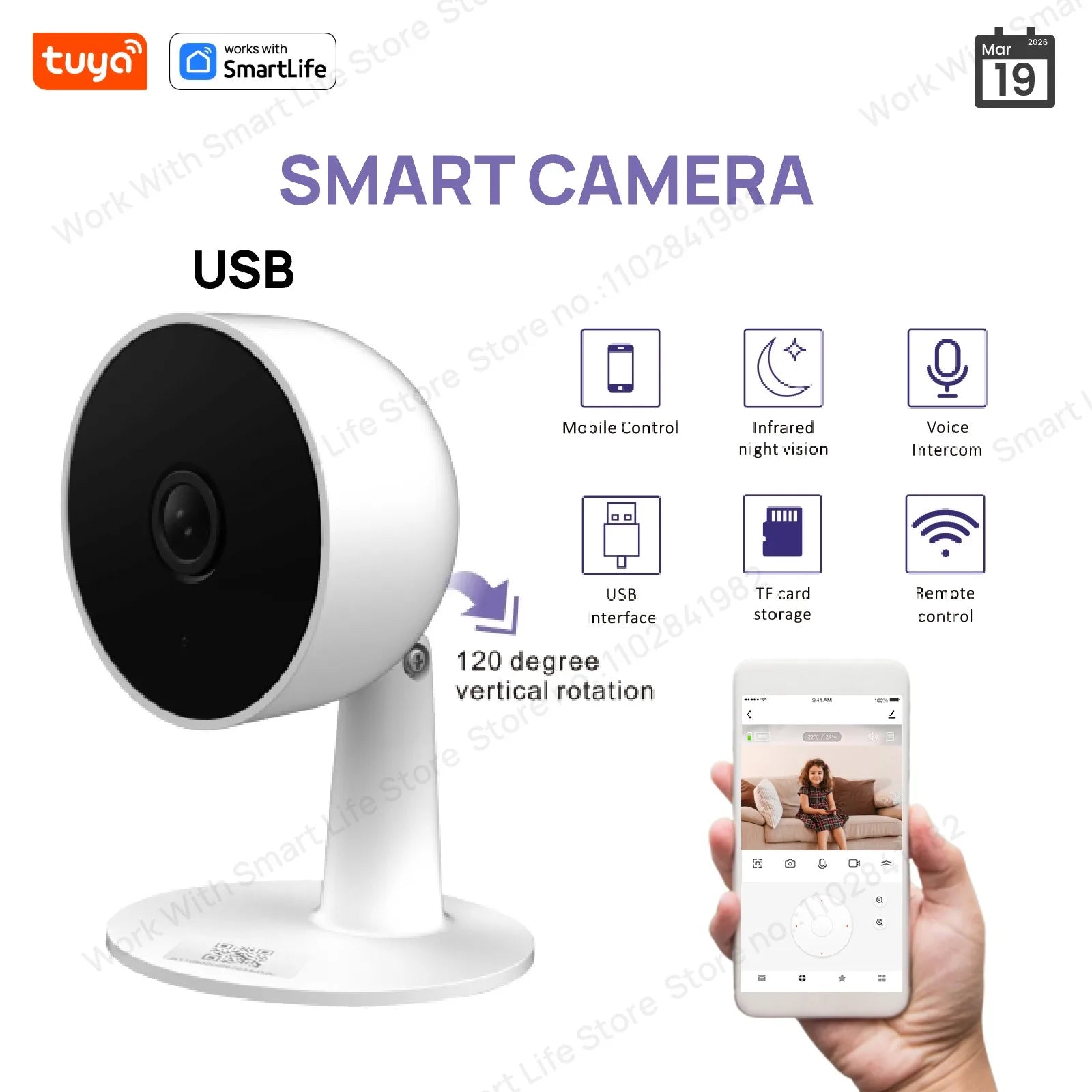 Tuya Smart 3MP HD Indoor Home Security Camera for Baby/Elder/Pet/Nanny,With Real-time APP Alert,2-Way Audio,Human body detection
