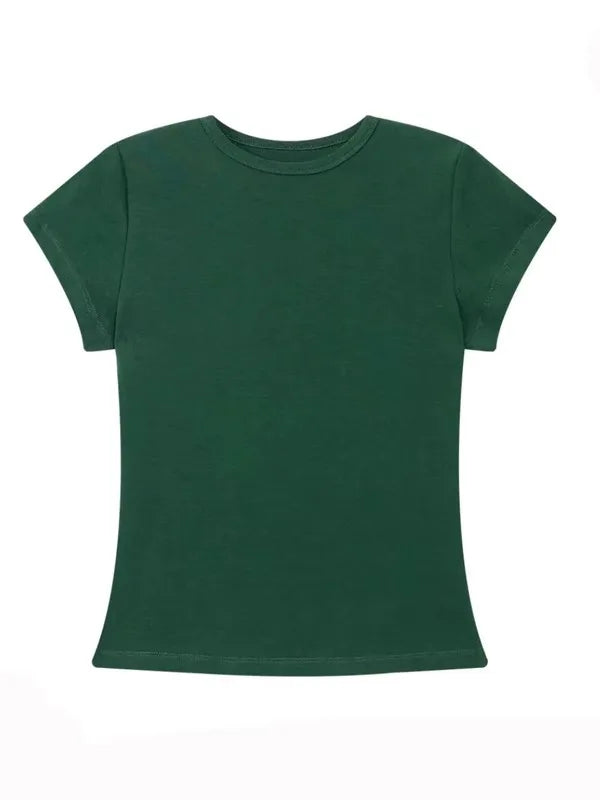 Green Slim Fit Short Sleeve T-Shirt Women's Summer New Style Pure Cotton round Neck Body Shaping Slimming Commute Style Korea...