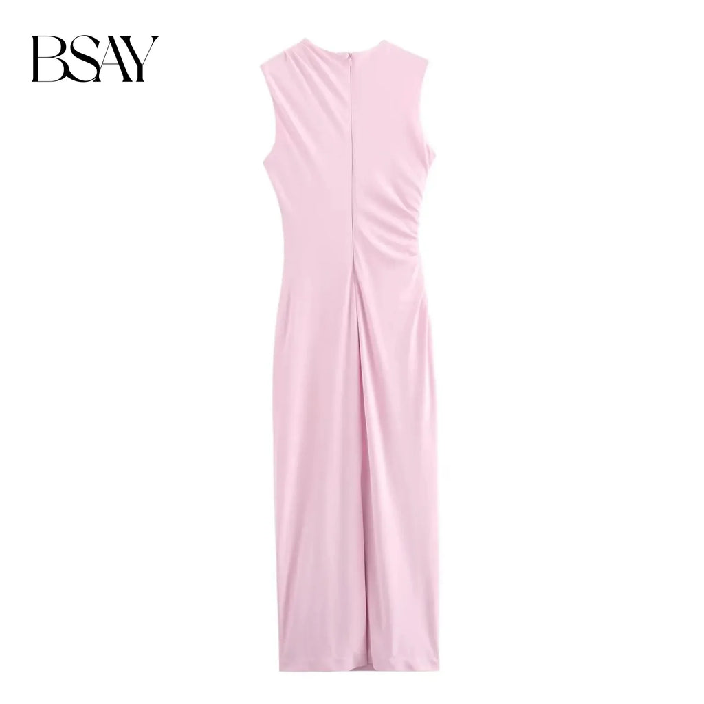 BSAY Women Fashion Summer New White Pleated Back Zip Sleeveless Crewneck Vest Long Dress Chic Female Elegant Evening