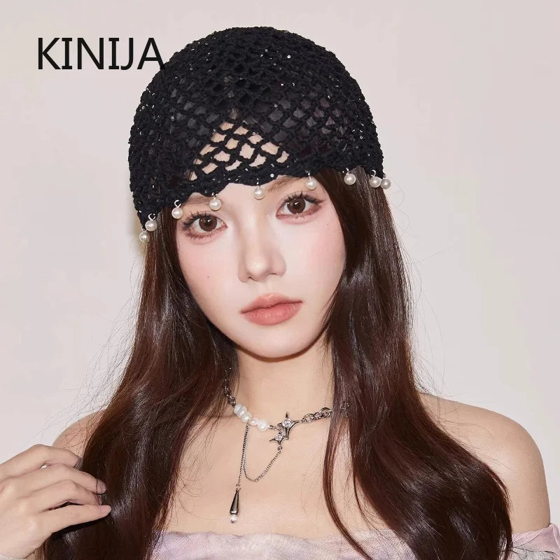 Fashion Hollowed Out Woven Pullover Hats Crochet Breathable Beret Cap Pearl Fringed Retro Beanies Cap for Women Summer Korean