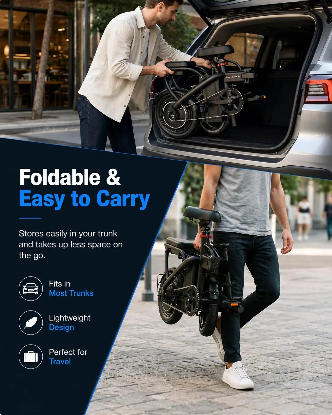 1200W Peak Motor Foldable Electric Bike, 25 MPH 45 Miles Dual Suspension 14" Tires 3 Speed Modes Commuter Ebike Adults , Custom