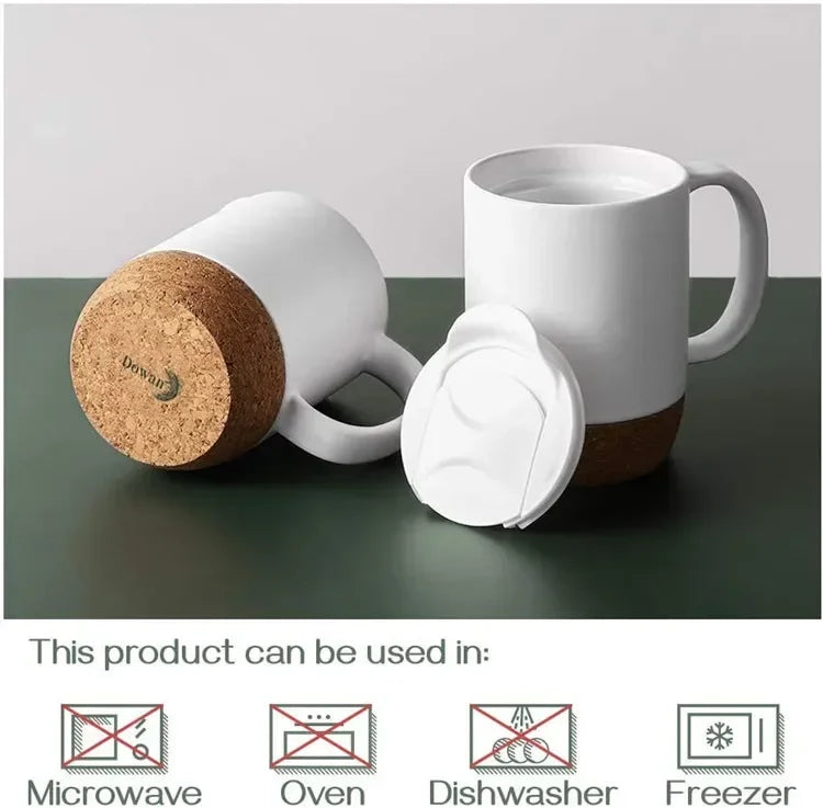 Simplicity Ceramic Cork Bottom Coffee Mug with Lid Splash Proof Heat-resistant Matte Plain White Black Cork Base Bottom Tea Cup
