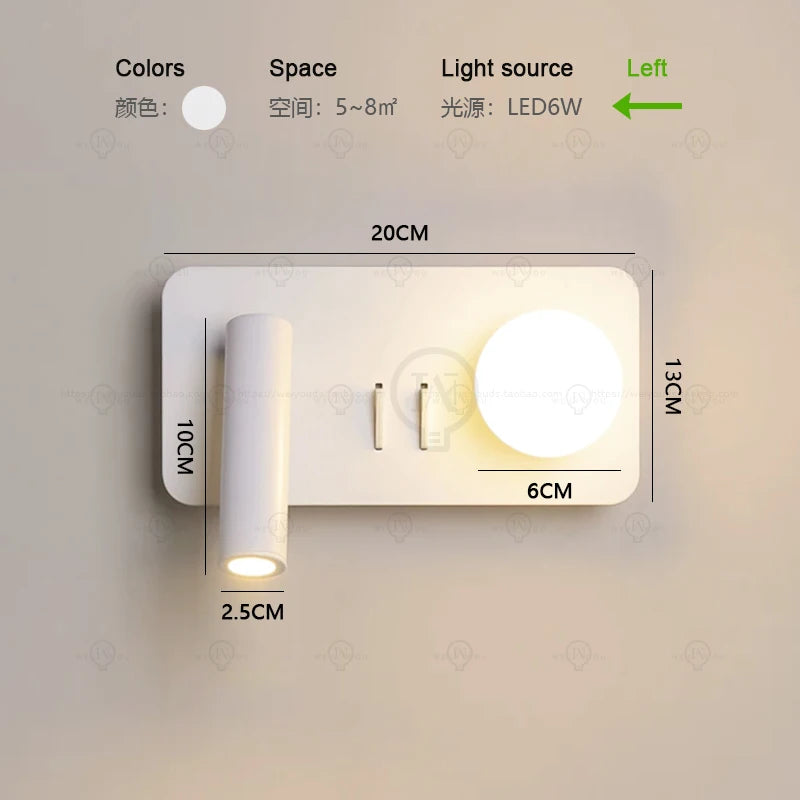 White wall lamp backlight 350 degree rotation adjustable wall lamp hotel bedroom bedside study reading desk lamp with switch