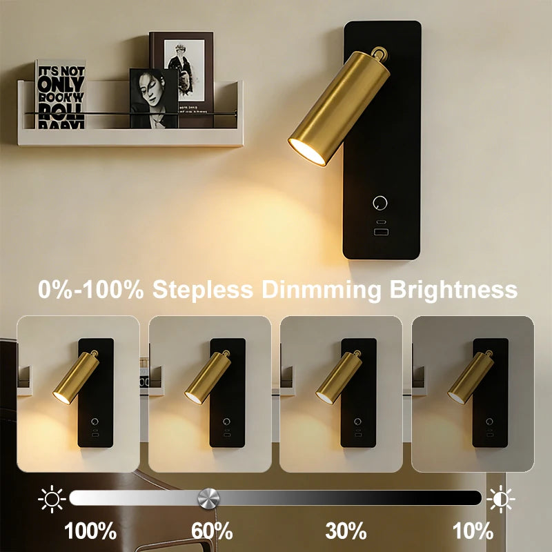 Wall Light 3000K Warm Light Knob Switch with USB Phone Charging, Bedroom Bedside Lamp, Wall Light Can Rotate 350°