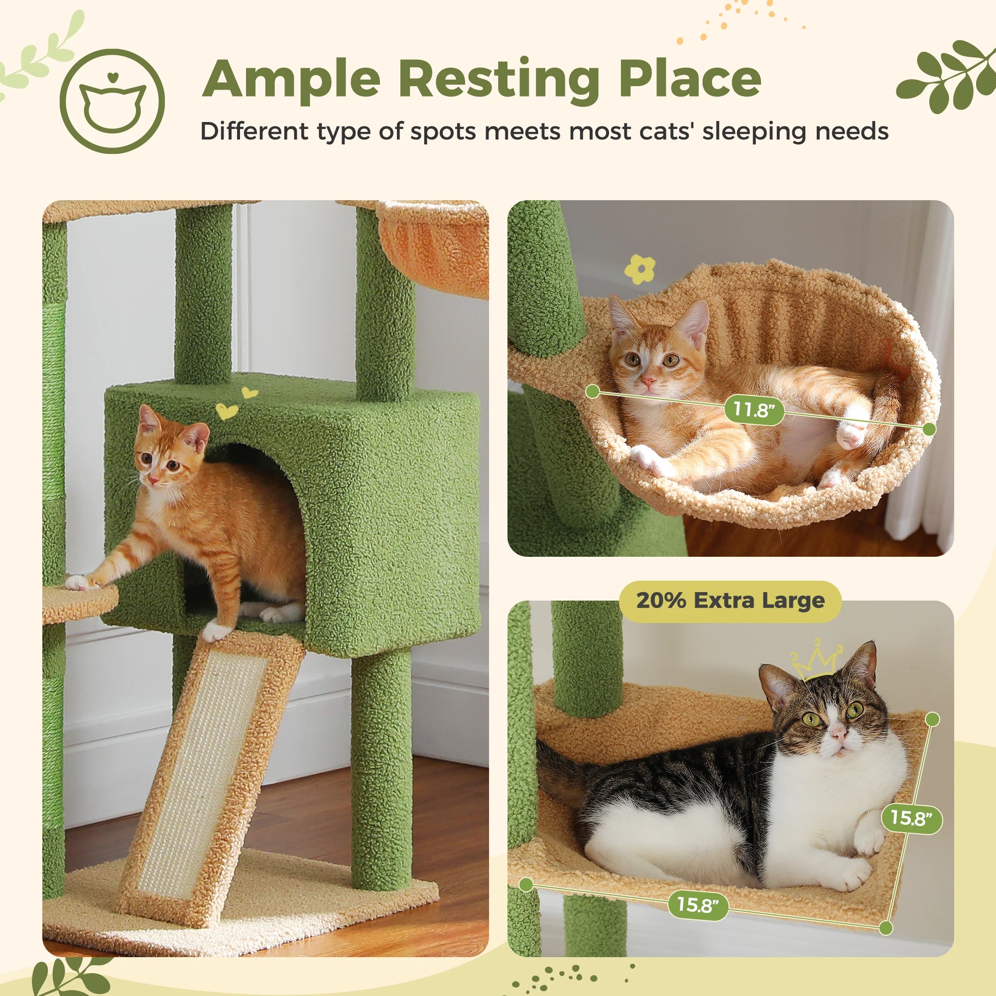 Height Adjustable Wooden Cat Tree with Large Hammock Sisal Scratching Posts Floor to Ceiling Cat Tower Cozy Cat Condo for Indoor