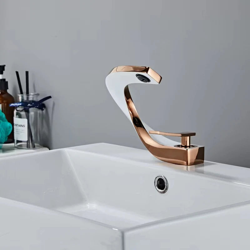 Basin Faucet  Brass Hot and Cold Wash Basin Faucet White with Gold Bathroom Basin Modern Minimalist Creative Faucet PP-12085