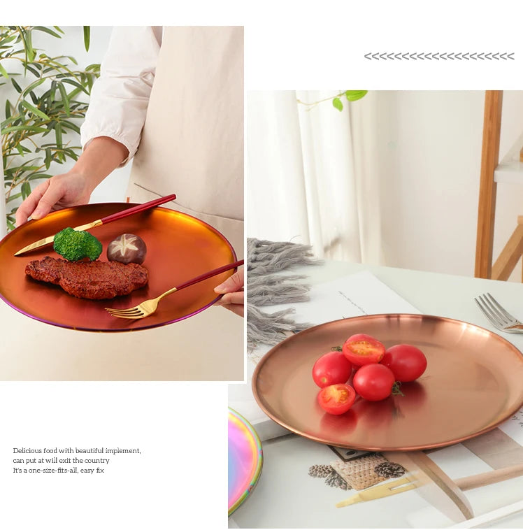 Stainless Steel Dinner Plates European Style Dessert Plate Kitchen Serving Dishes Salad Plate Cake Tray Western Steak Round Tray