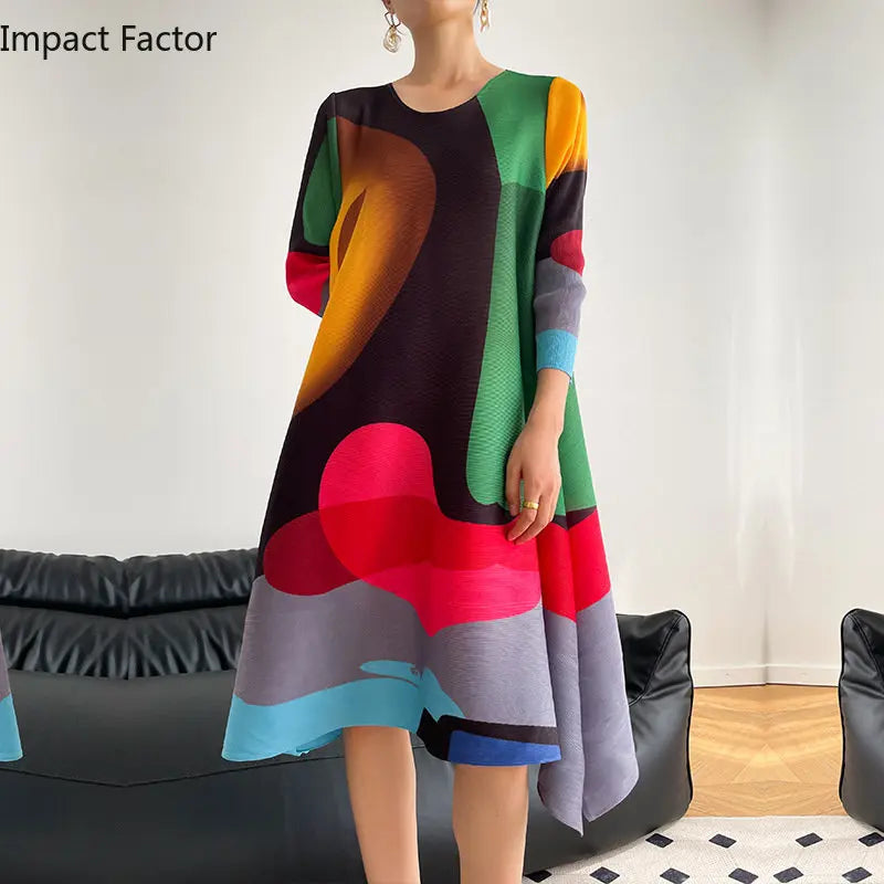 Miyake Pleated Print Dress 2024 New Early Spring Fashion Elegant A-line Swing Dress Elegant Women's Clothing High-quality