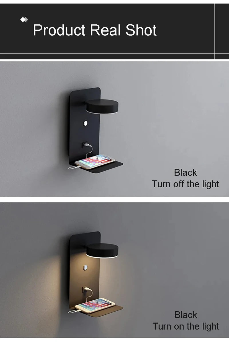 Modern LED Wall Lamp With Switch USB Charging Port 9W Black White Aisle Wall Lights Bedroom Bedside Wall Sconce Decoration Lamps