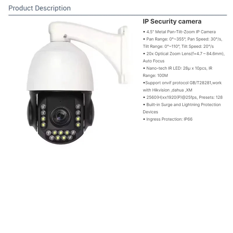 4.5'' HD  Dome Camera 20X Optical Zoom 100M IR Distance Ip Camera Two-way Audio Ptz Camera New