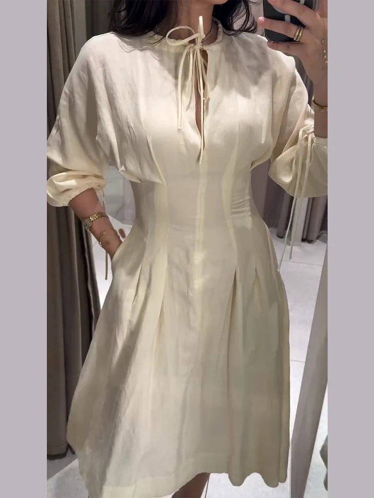 Casual Cotton Midi Dress Women O Neck Lace Up Lantern Sleeves Slim Waist A Line Robe Female 2026 Summer New Chic Solid Dresses