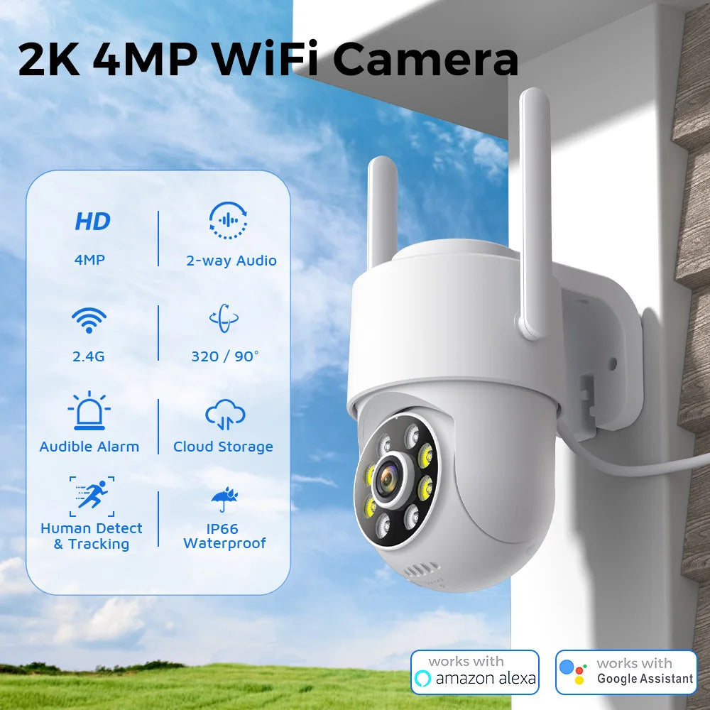 4MP 2K Wifi IP Camera Outdoor with AI Human Detect Auto Tracking Wireless PTZ H.265 P2P Audio 1080P Security CCTV Camera