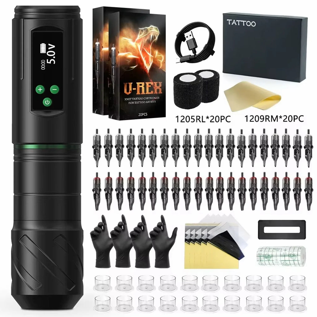 Kiss of Dragon Tattoo Kit Wireless Tattoo Machine Pen Kit 3.5mm Stroke Custom Motor 1600mAh LCD Screen Battery Complete Kit