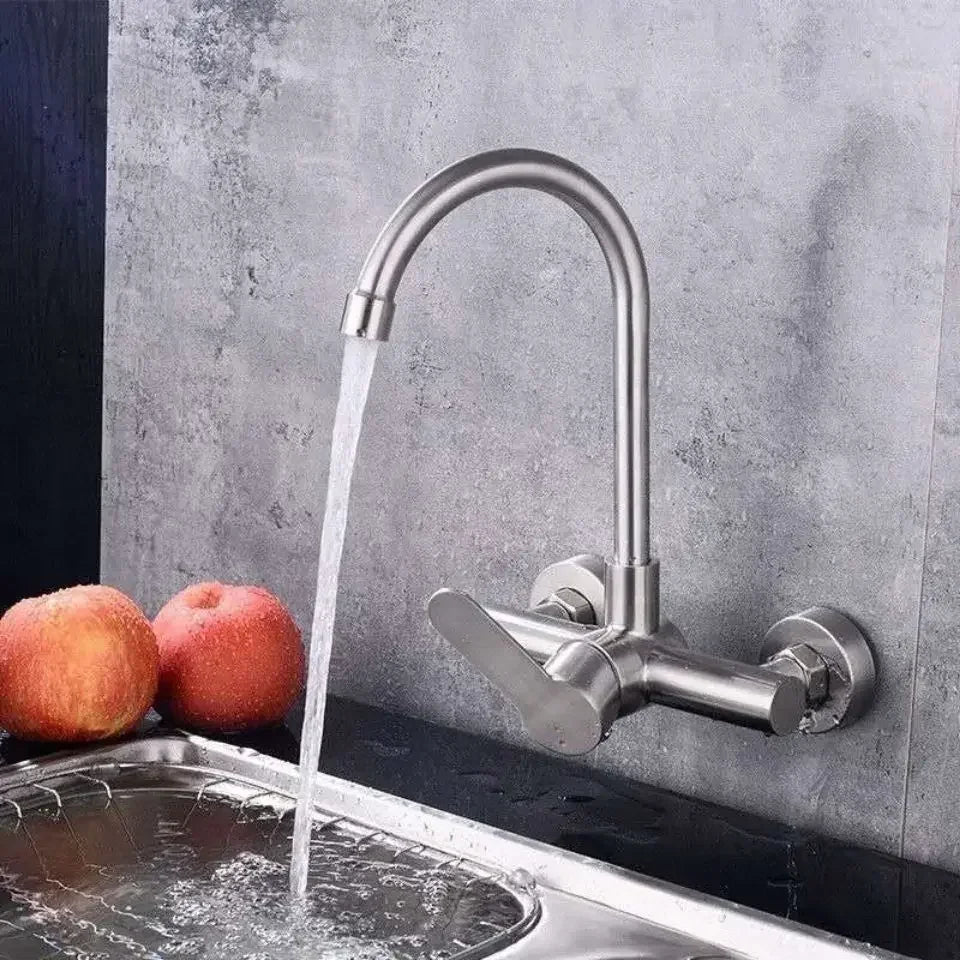 Stainless Steel Kitchen Faucet Wall Mounted Cold and Hot Tap Bathroom Basin Sink Faucet Universal Rotation Splash Proof Faucet