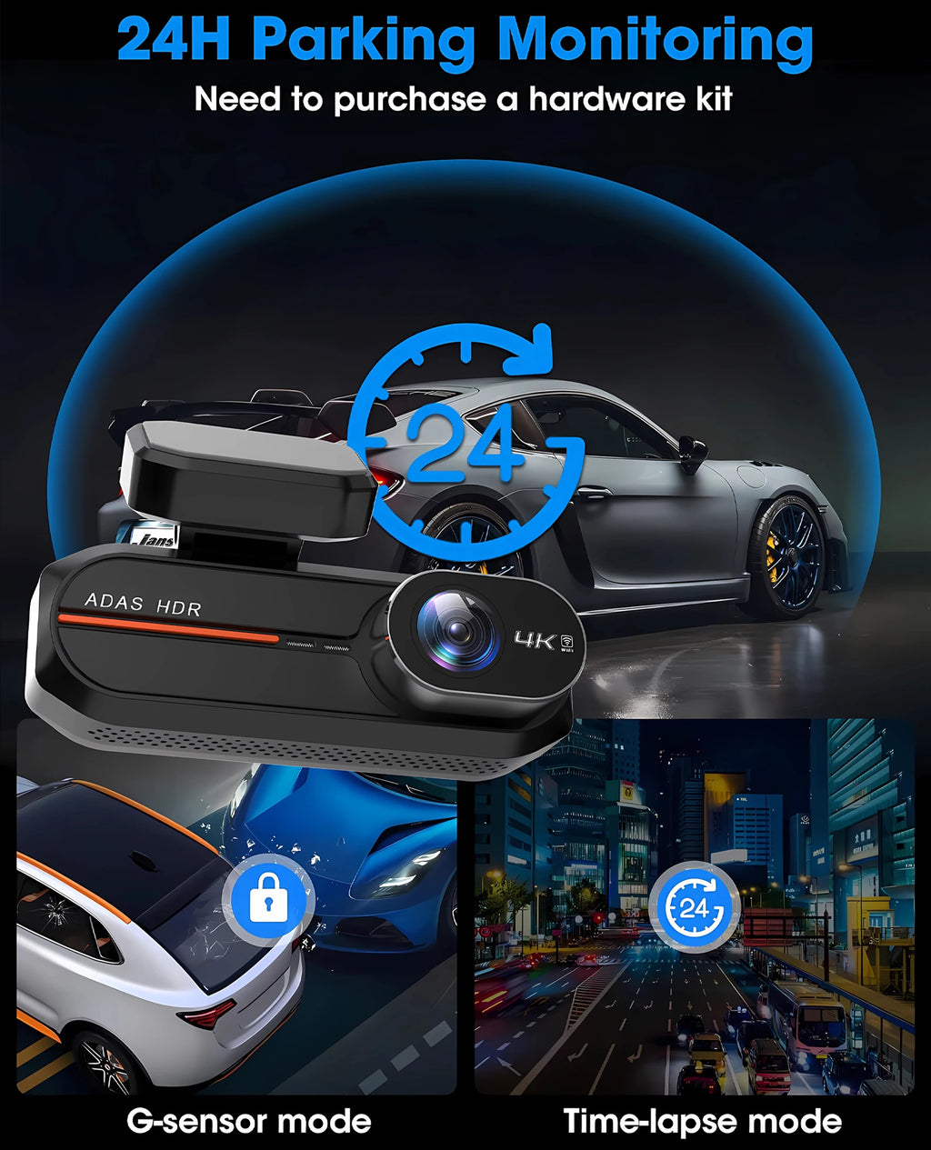 UHD 4K 3840*2160P Dash Cam ADAS WiFi GPS Front 4K Rear 2.5K DVR Video Recorder 24H Night Vision Dash Cam Car Camera Black Box