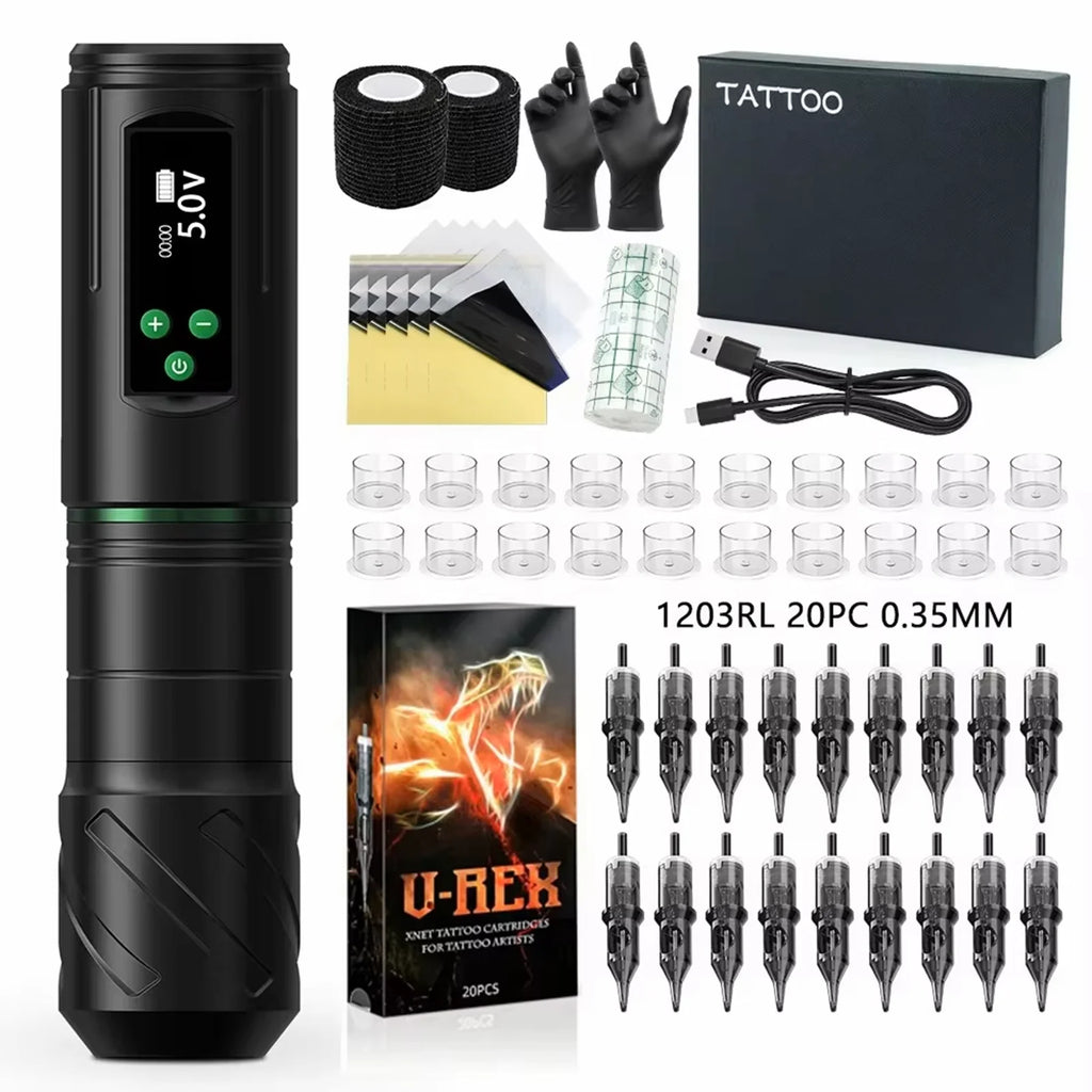 Kiss of Dragon Tattoo Kit Wireless Tattoo Machine Pen Kit 3.5mm Stroke Custom Motor 1600mAh LCD Screen Battery Complete Kit