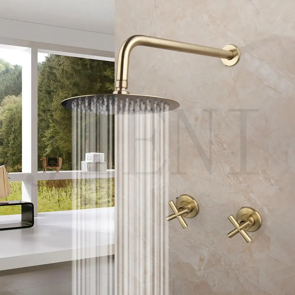 JIENI 8 Inch Brushed Gold Rainfall Shower Faucet Sets Wall Mounted Bathroom Round & Square Head 2 Handles Control Mixer Shower