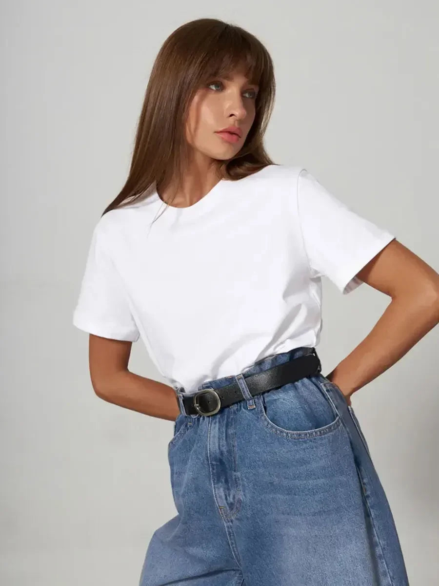 Summer 100% Cotton Women's T-shirt Bottoming Basic Fashionable Lady Short Sleeve Loose Tops Shirts Solid 200g/㎡ Tops