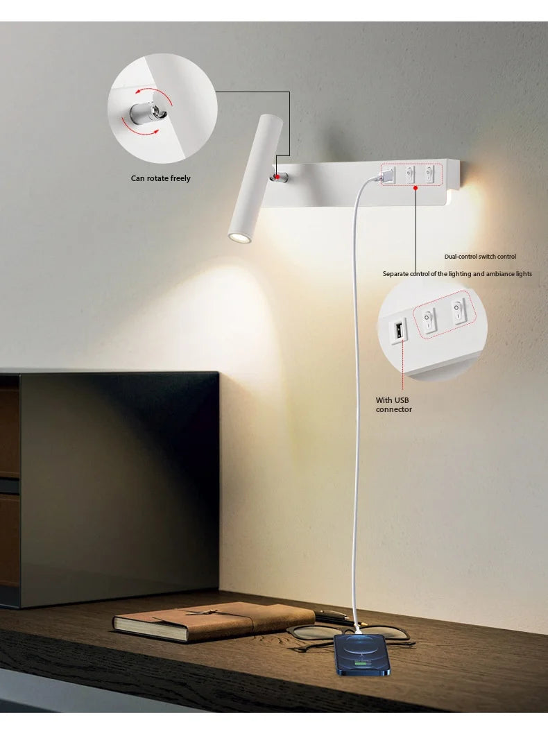 LED wall light with switch, rotatable USB reading spotlight, spotlighting, bedroom bedside hallway home decoration wall light