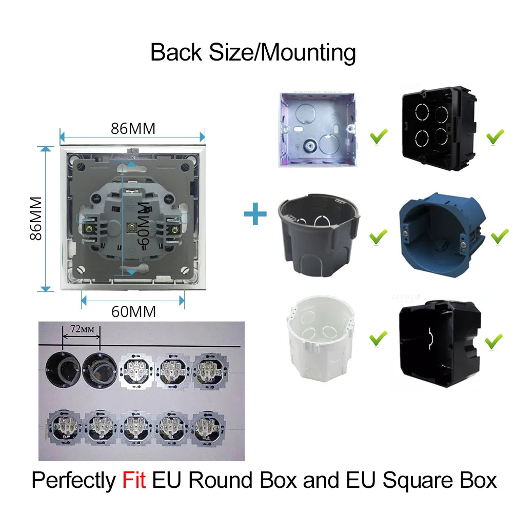 Euro USB Type-C Socket Black Matte Metal Panel Double Triple Electrical Wall SocketS EU Type A+C Outlet with Cap Cover Round Box