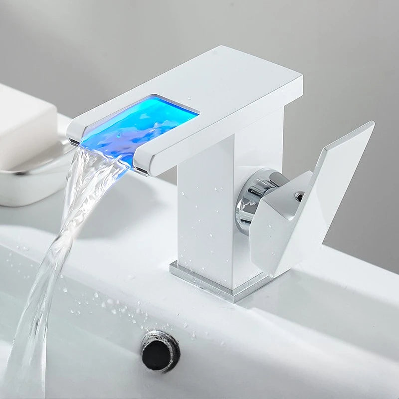 Black Bathroom Sink Faucet Single Hole Cold and Hot Water Mixing Valve Faucet 3 Colors Changing Color Changing Waterfall Faucet
