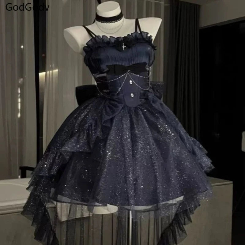 France Vintage Gothic Lolita Dress Set Women Harajuku Y2k Bow Ruffles Party Dress Female Elegant Korean Popular Clothes Summer
