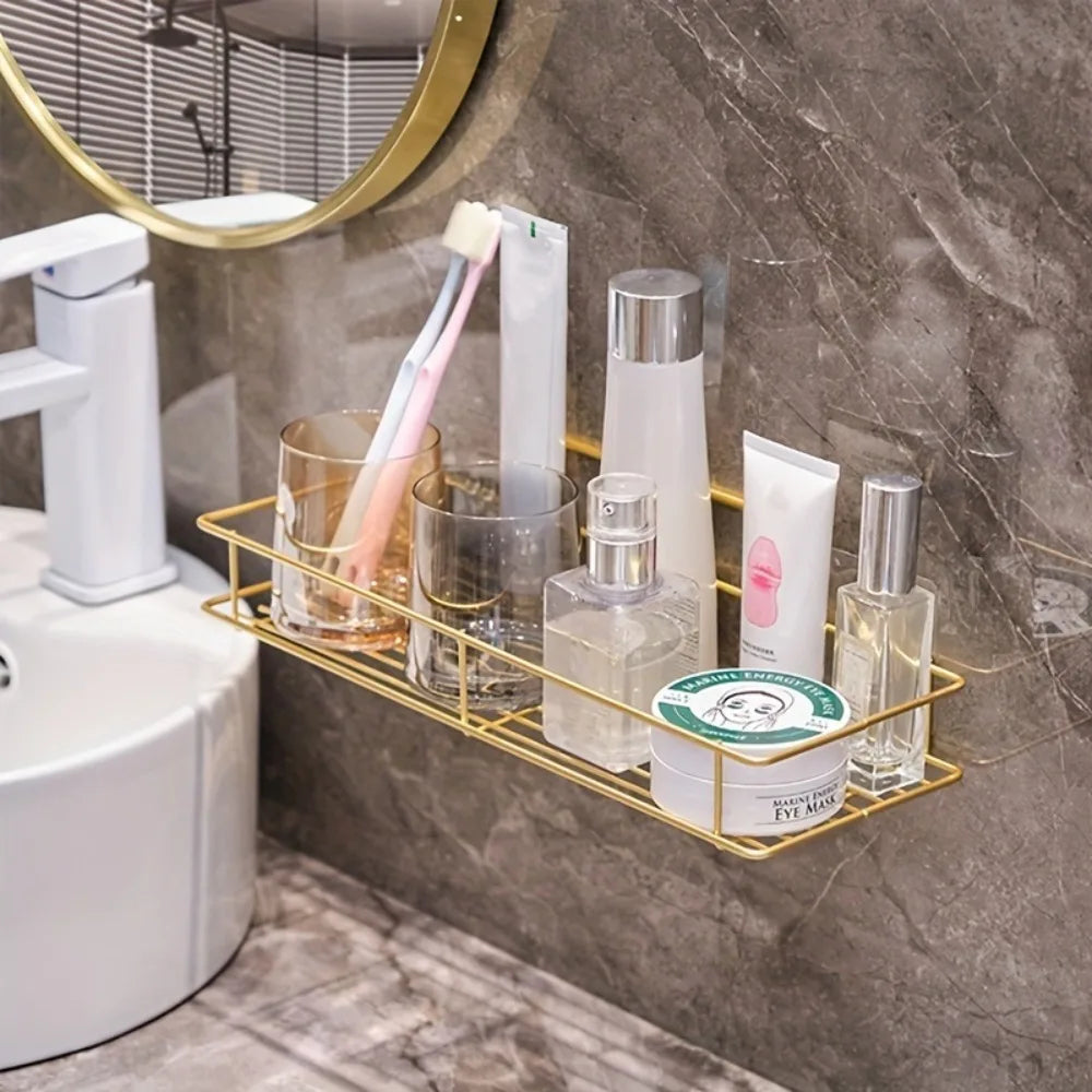 Wall Mounted Shelf No Drill Bathroom Storage Organizer Hanging Rack for Home Kitchen Metal Frame Shelves Bathroom Accessories