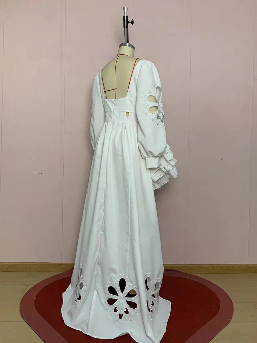 VGH Fashion Style White Cutout Floral Accent Gown for Women Square Collar Puff Sleeve Asymmetric Train Skirt for Beach Elopement