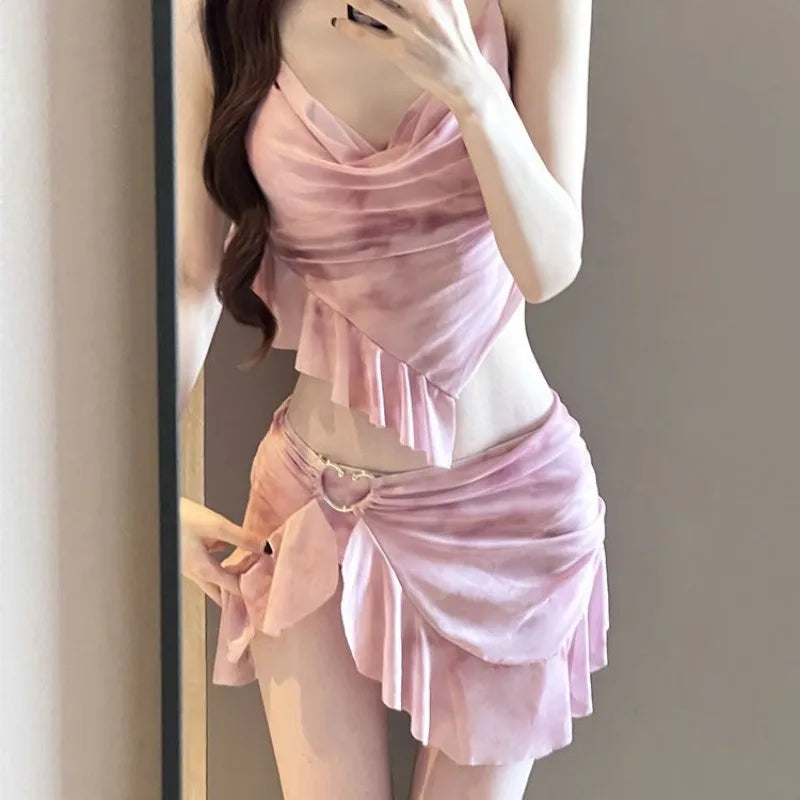 Bikini swimsuit women's 2025 new three-piece set, advanced sense split, meat cover, conservative seaside vacation, niche hot