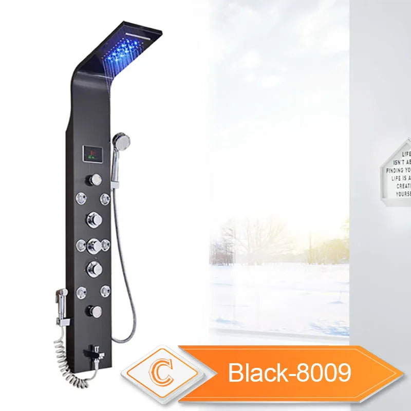 LED Light Bathroom Shower Panel Intelligent LCD Shower Column System with 6 Modes Rain Waterfall Massage Jet Bath Mixer Tap