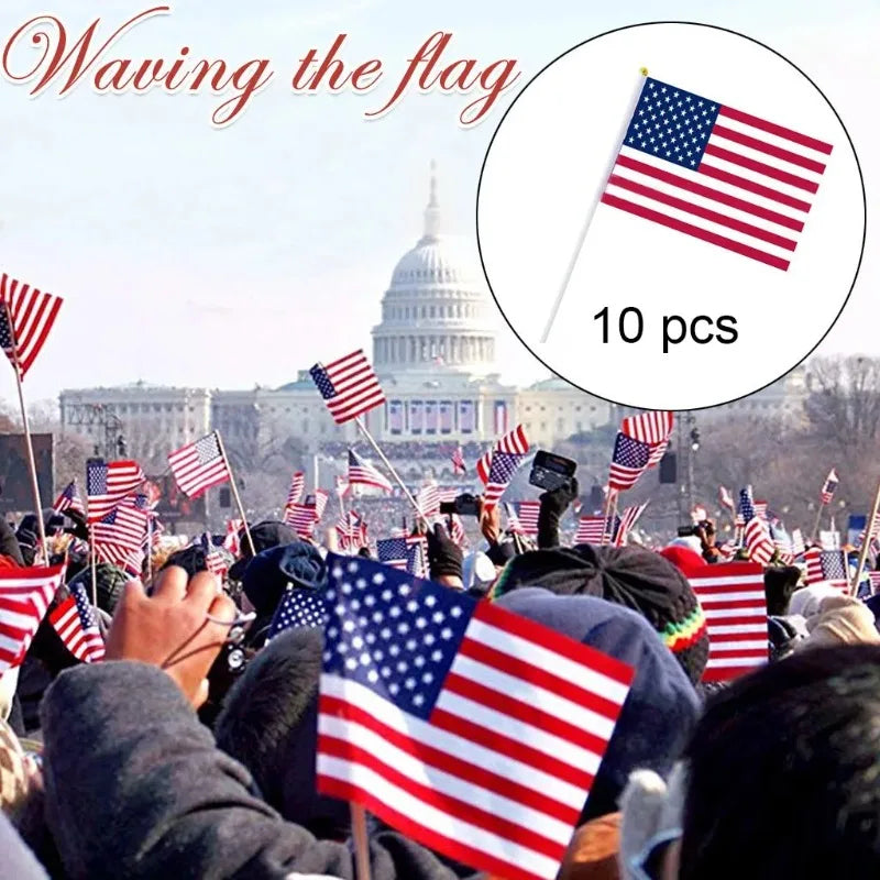 10PCS USA Stick Flag,American US 14x21cm HandHeld Mini ensign Pole United States Stick Flag Vivid Color Fade Resistant banner