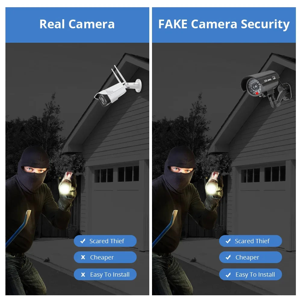 Dummy Security Camera with LED Red Flashing Light - Battery-Powered, Indoor/Outdoor Use